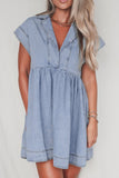 Lapel Neck Cap Sleeve Denim Babydoll Dress