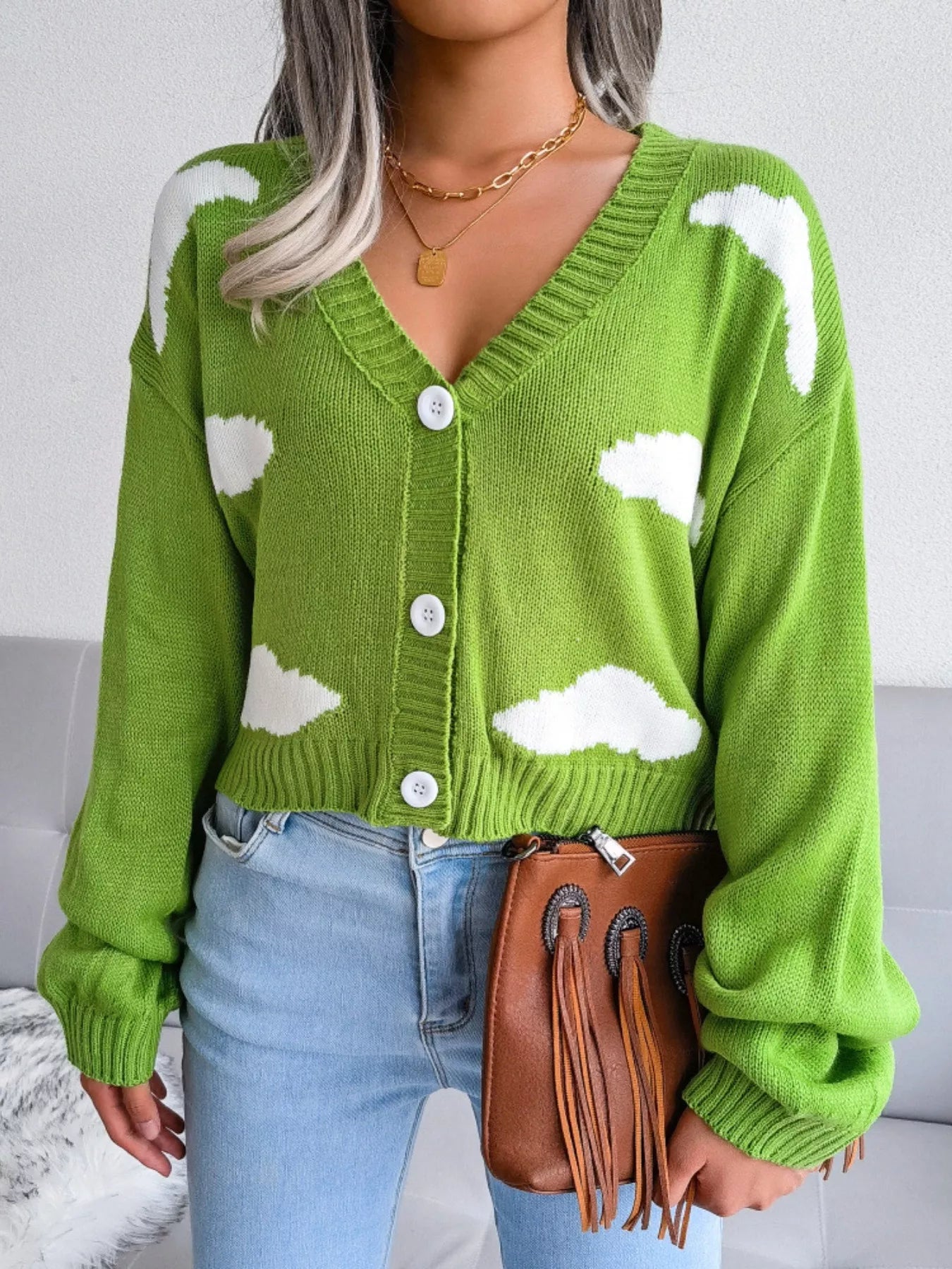 Cloud Pattern Button-Up Cropped Cardigan