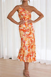 Ruched Printed Single Shoulder Midi Dress