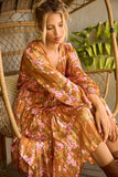 Mittoshop Flower Print Satin Lurex Stripe Smocked Midi Dress