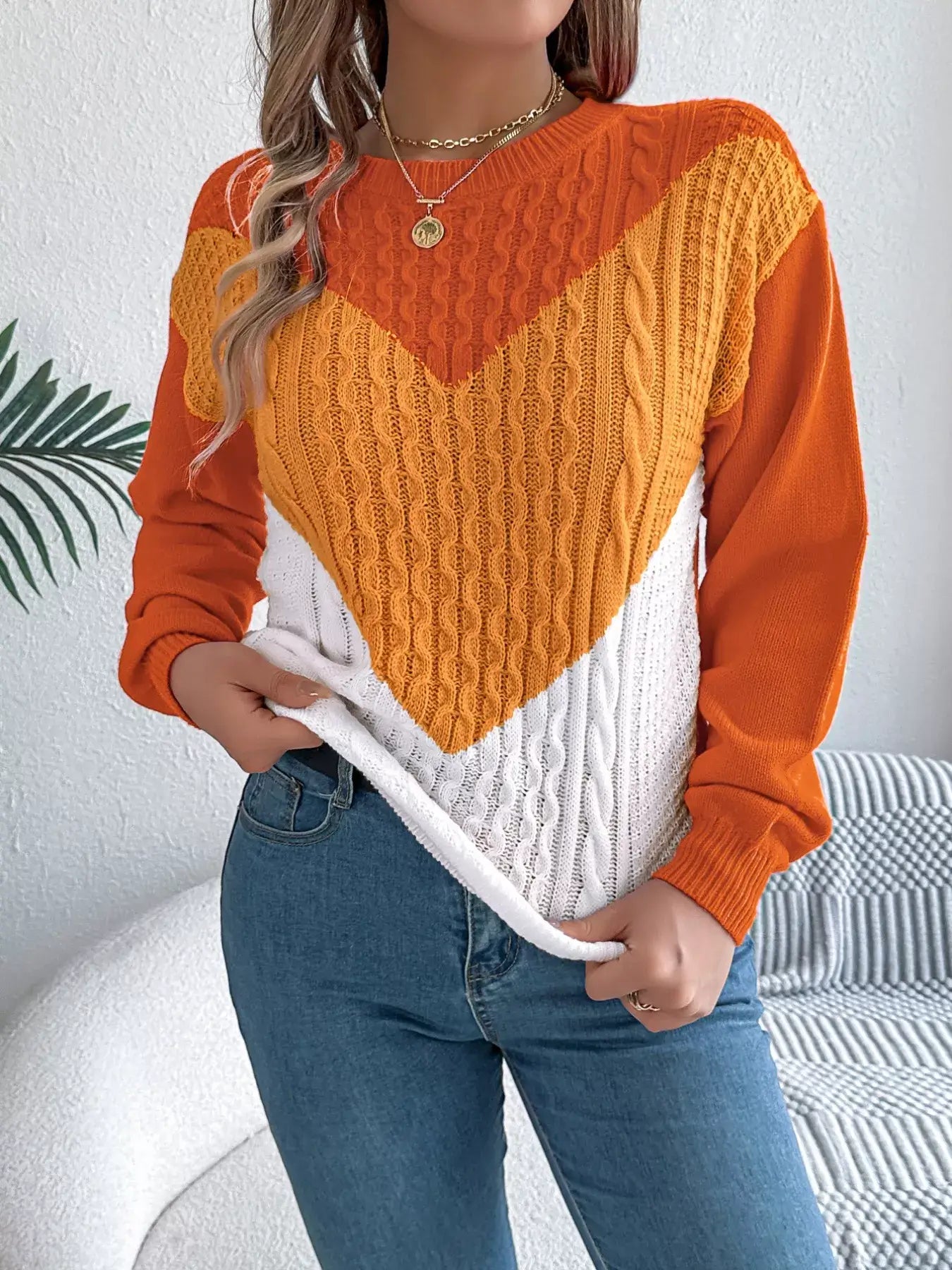 Color Block Cable Knit Sweater - Basic Style