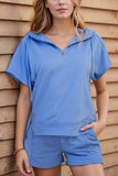 Drawstring Zipped Short Sleeve Hoodie and Shorts Set
