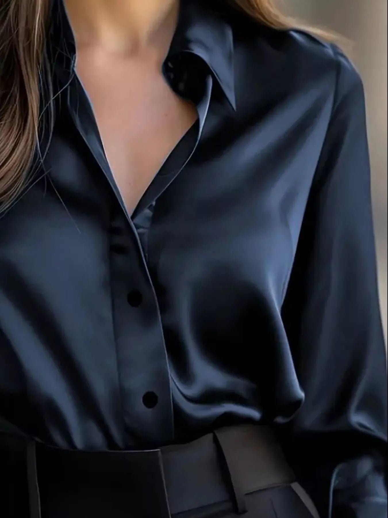 Button Down Long Sleeve Shirt with collared neckline in elegant black fabric