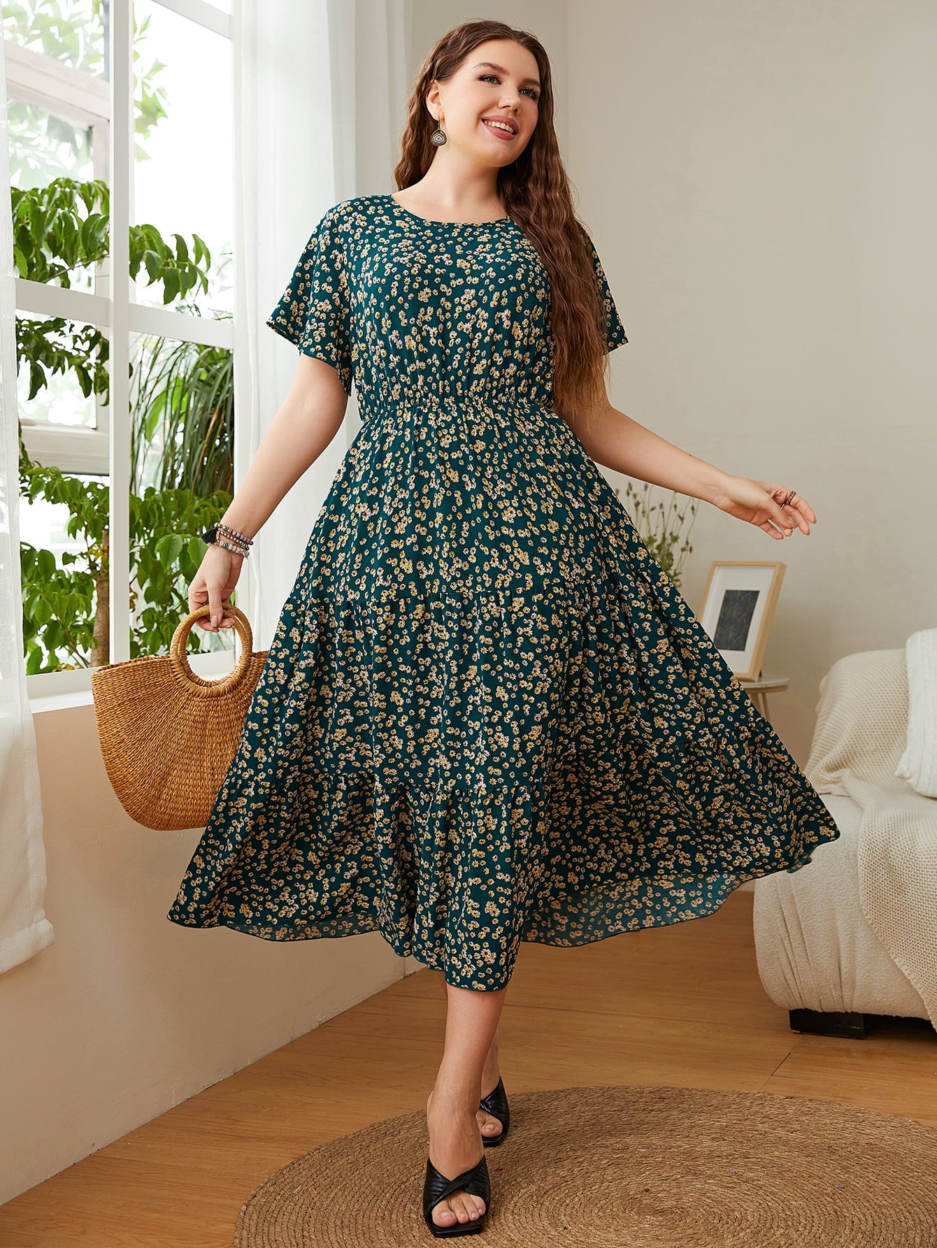 Floral Midi Dress with round neck and flutter sleeves in plus size, A-line silhouette, exemplifying comfort and timeless style indoors