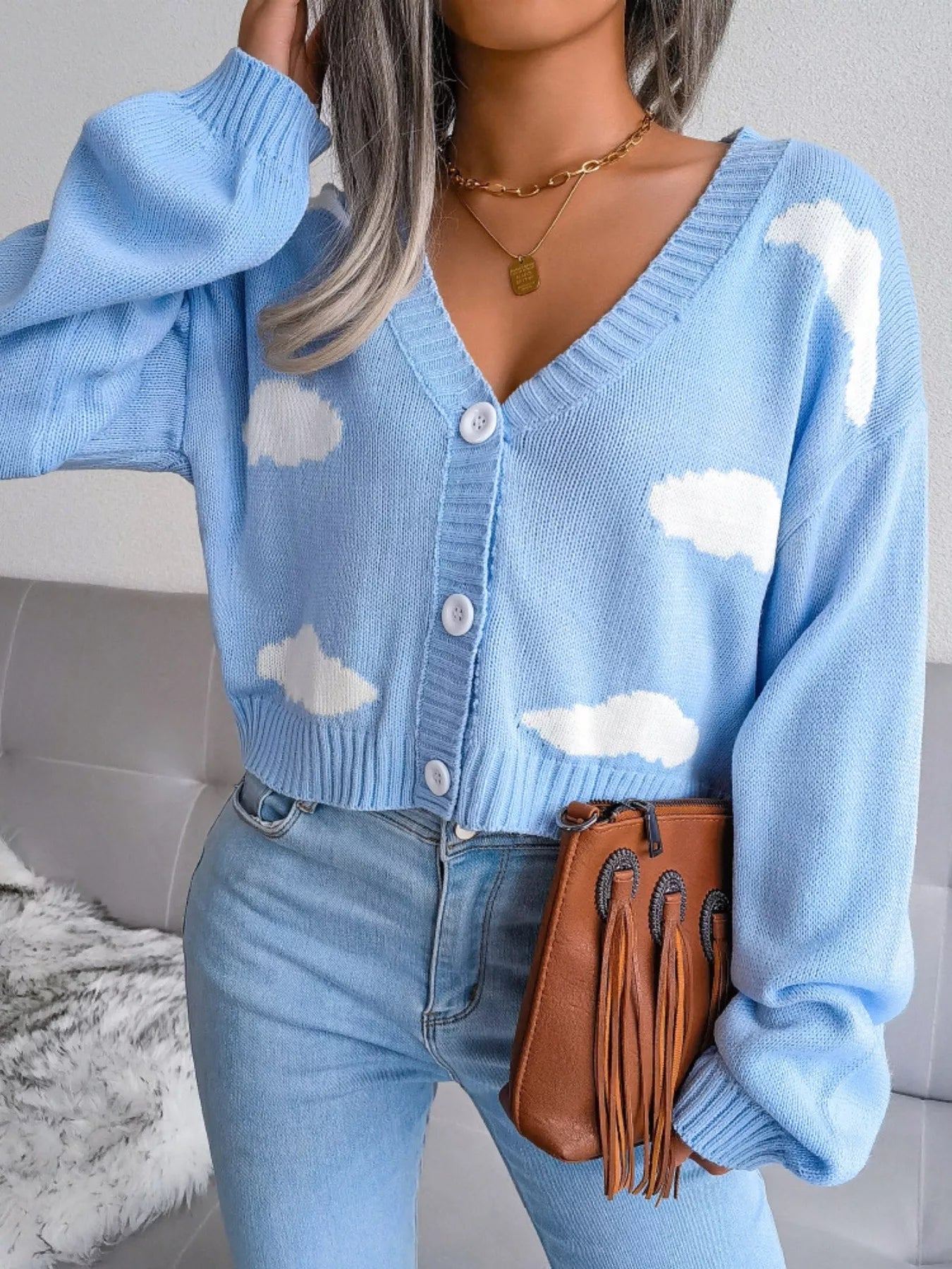 Cloud Pattern Button-Up Cropped Cardigan