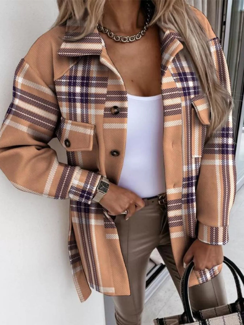 Button Up Long Sleeve Plaid Outerwear
