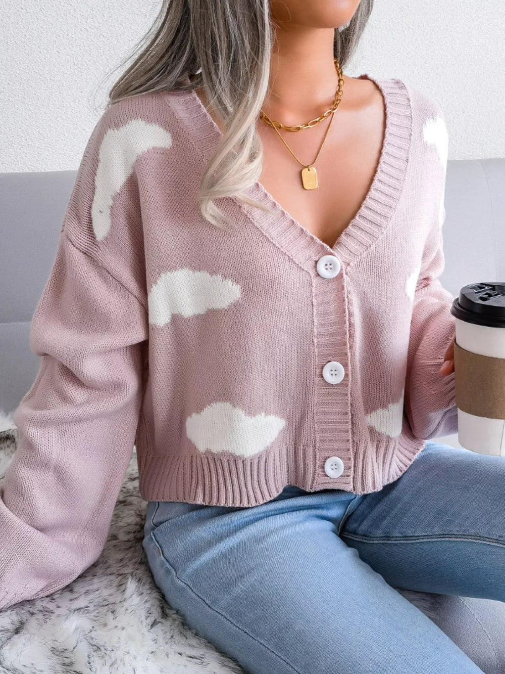 Cloud Pattern Button-Up Cropped Cardigan