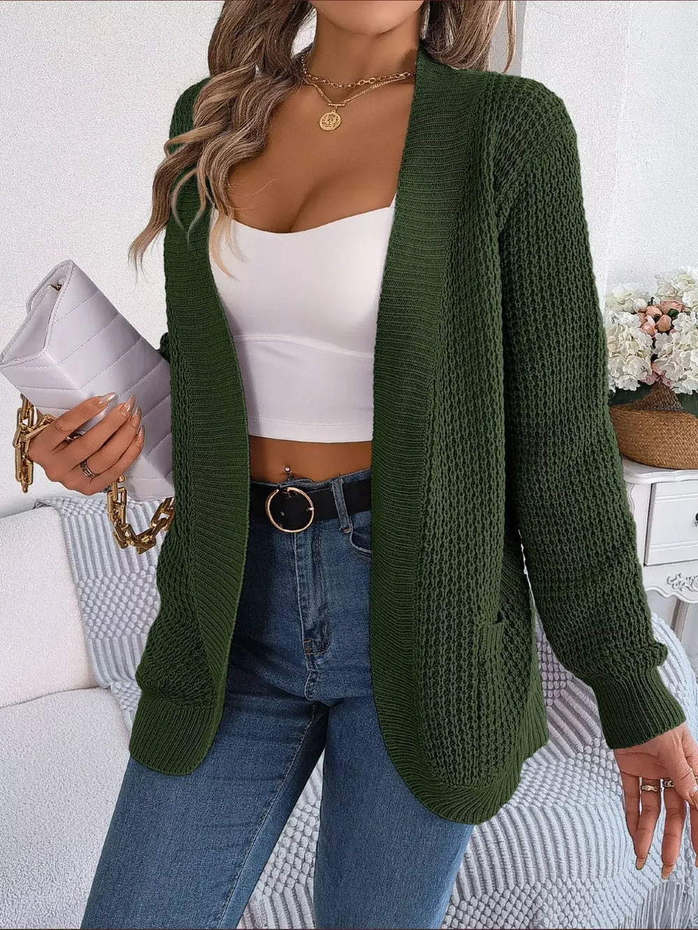 Chunky Knit Open Front Cardigan with Pockets