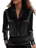 Button Down Long Sleeve Shirt with collared neckline in black for plus size, perfect for work and casual occasions.