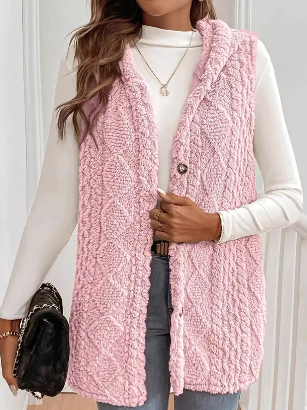 Button Up Plush Hooded Vest Coat