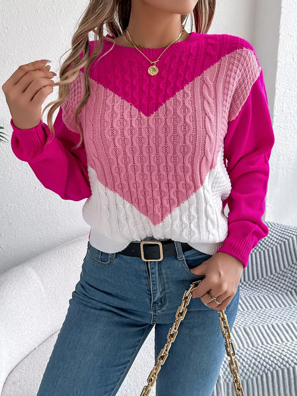 Color Block Cable Knit Sweater - Basic Style
