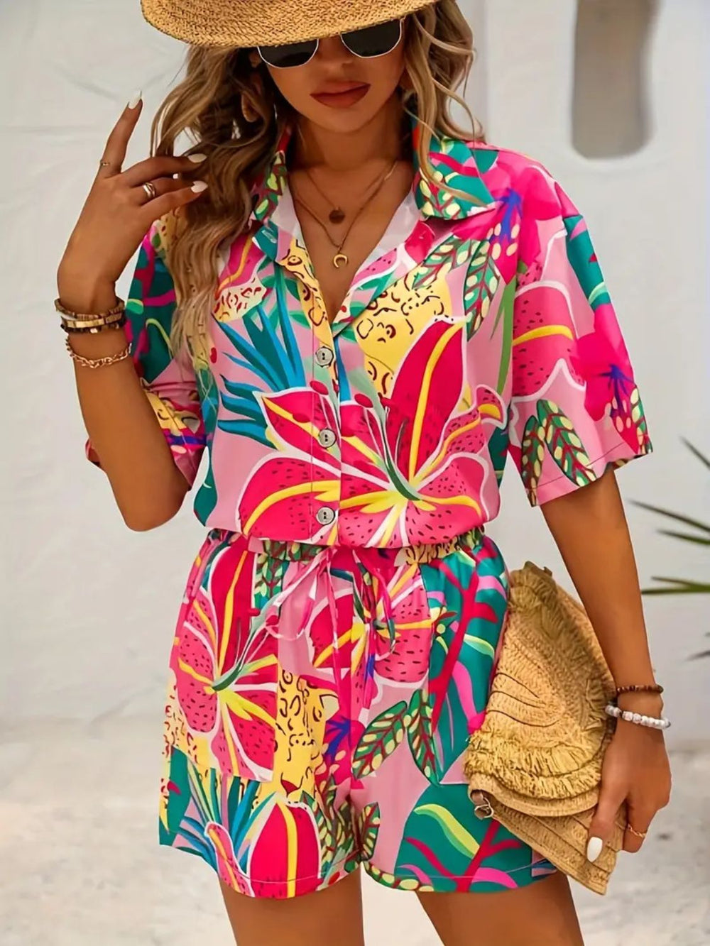 Printed Button Down Shirt and Shorts Set