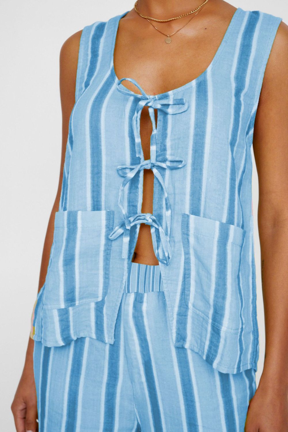 Tied Front Striped Top and Pants Set