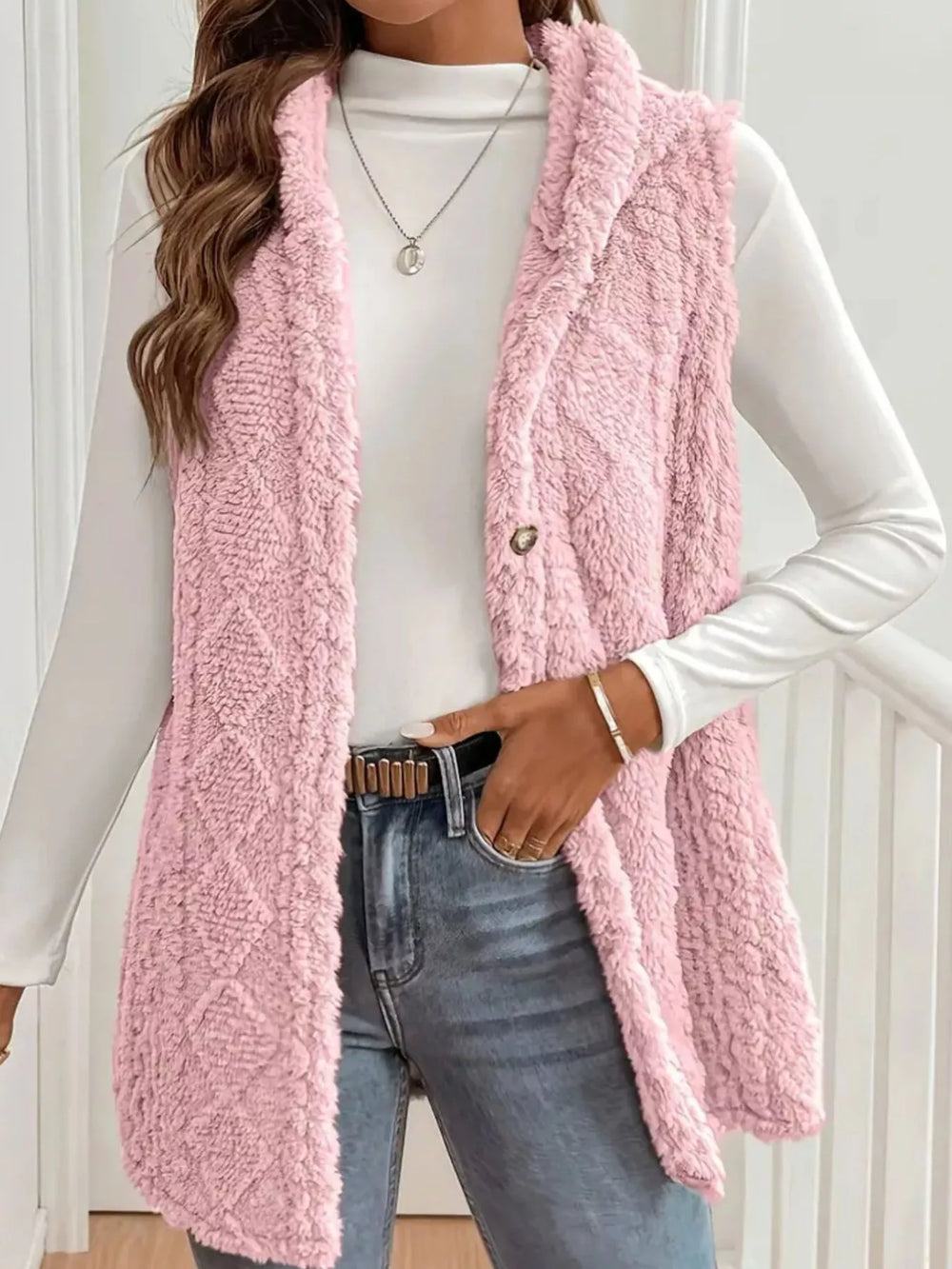 Button Up Plush Hooded Vest Coat