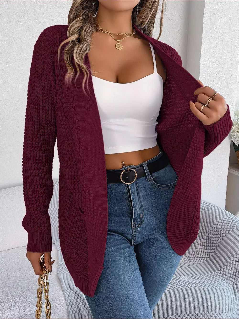 Chunky Knit Open Front Cardigan with Pockets