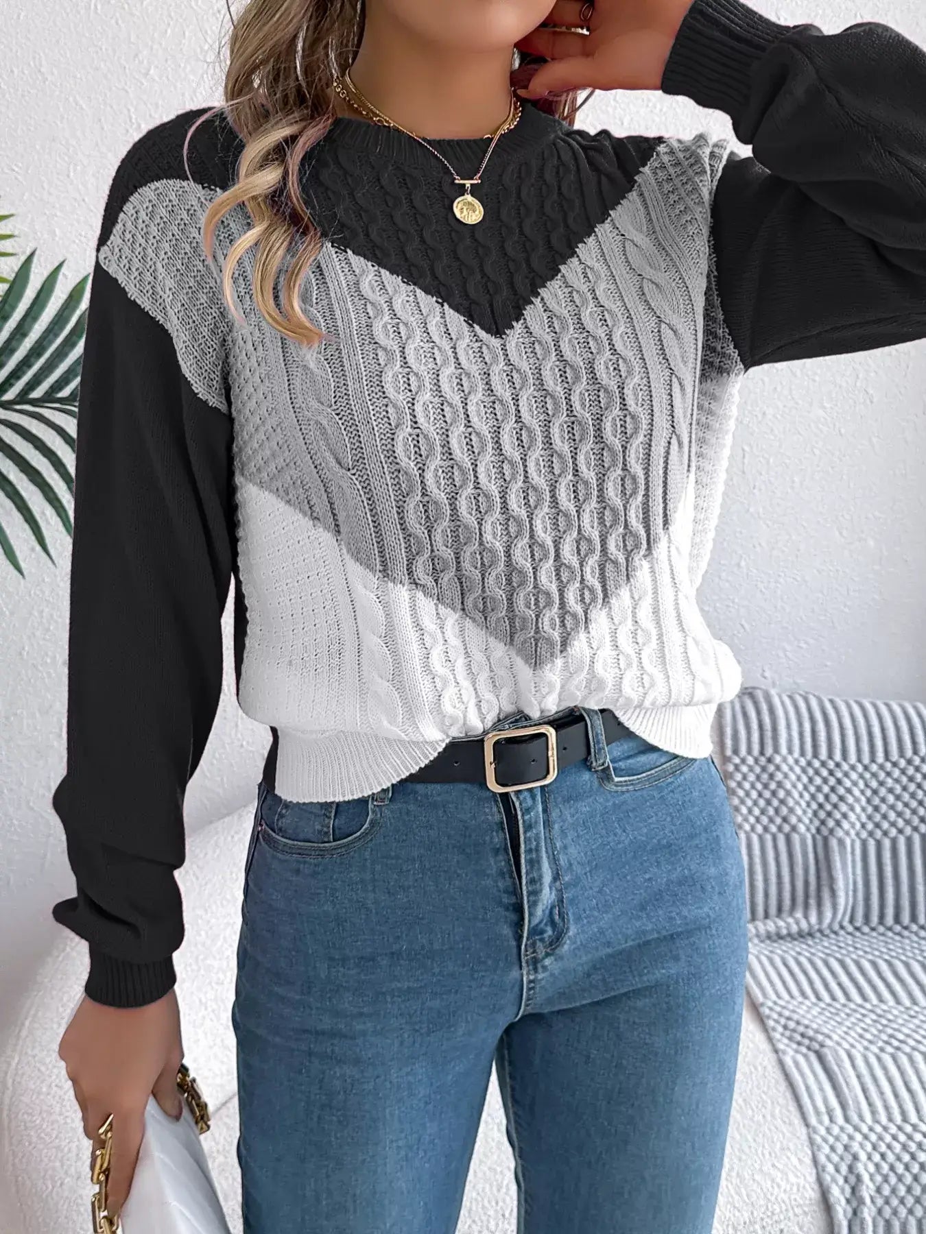 Color Block Cable Knit Sweater - Basic Style