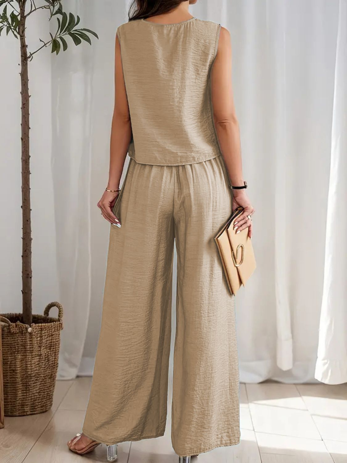 Round Neck Sleeveless Top and Wide Leg Pants Set
