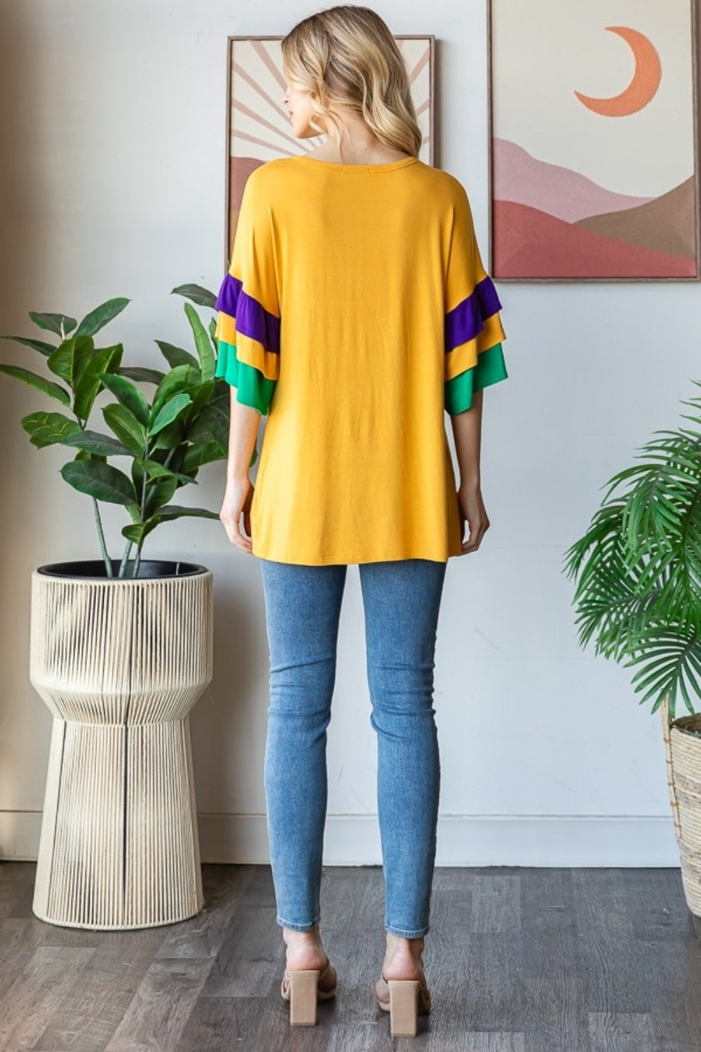 Heimish Full Size Round Neck Color Block Ruffled Half Sleeve Top Plus Size