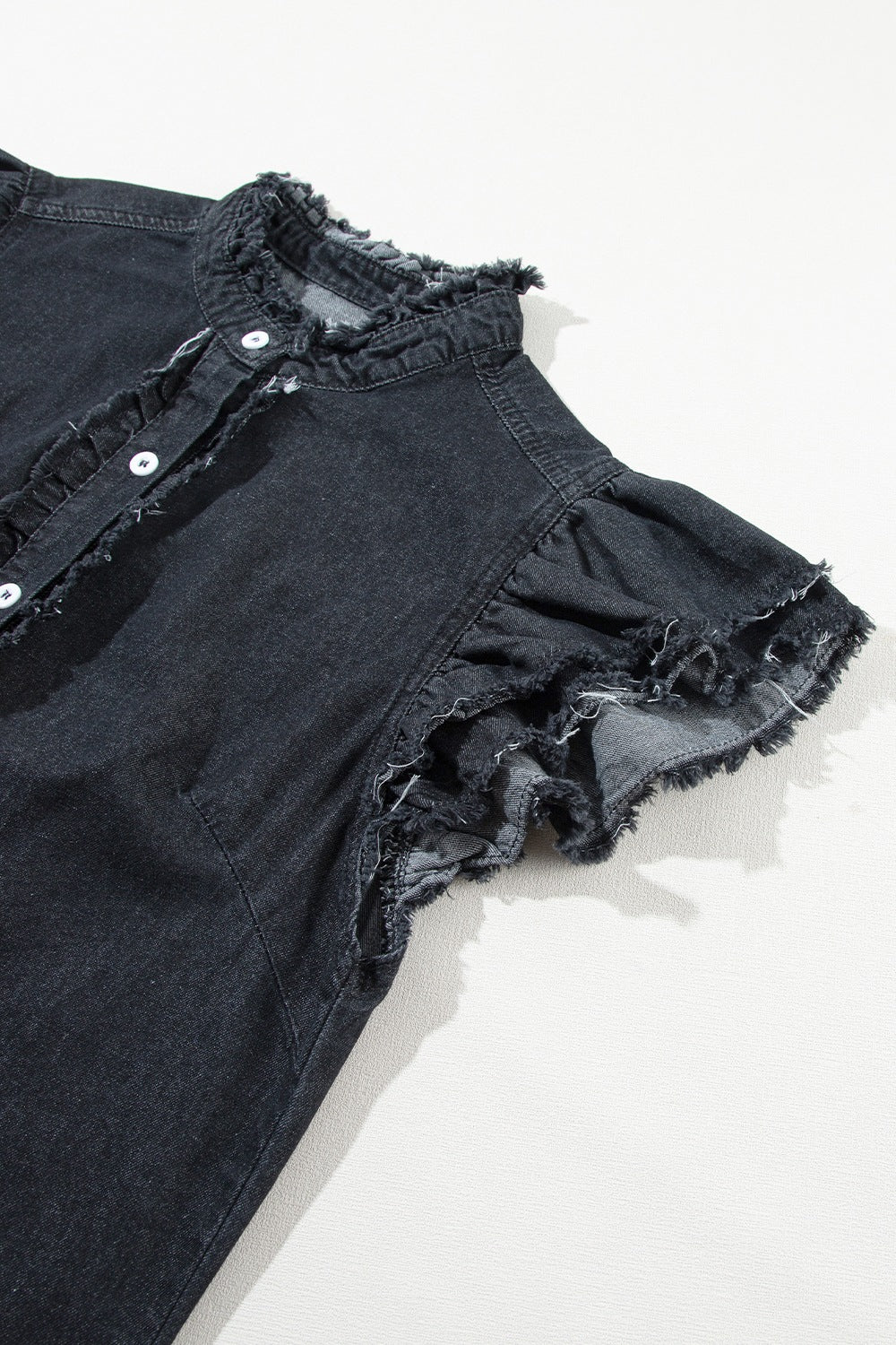 Button Down Raw Hem Ruffled Denim Shirt