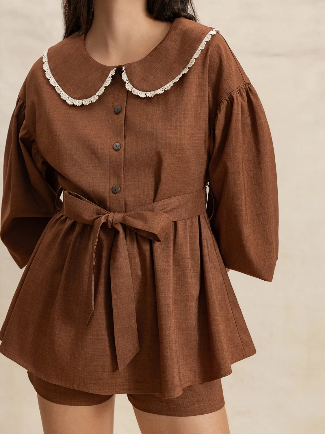 Peter Pan Collar Balloon Sleeve Top and Shorts Set