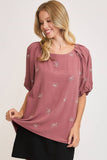 Umgee Full Size Linen Blend Ribbon Embroidered Top Plus Size