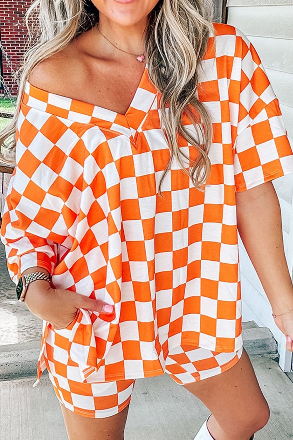 Checkerboard V Neck Loose Tee and Shorts Set