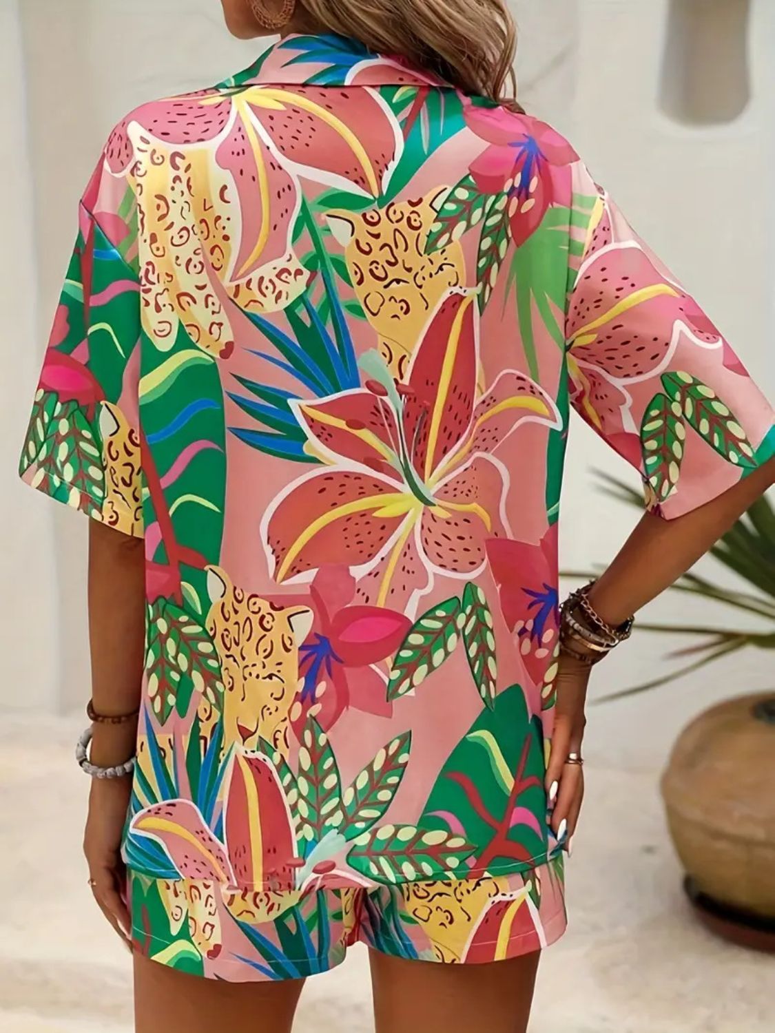 Printed Button Down Shirt and Shorts Set