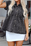Short Sleeve Flap Pocket Button Up Raw Hem Denim Shirt