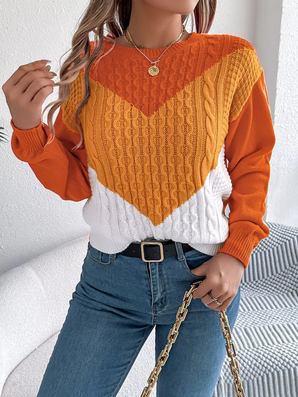Color Block Cable Knit Sweater - Basic Style