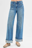 RISEN Full Size Elastic Band Mid Rise Wide Front Patch Pocket Cuff Jeans Plus Size