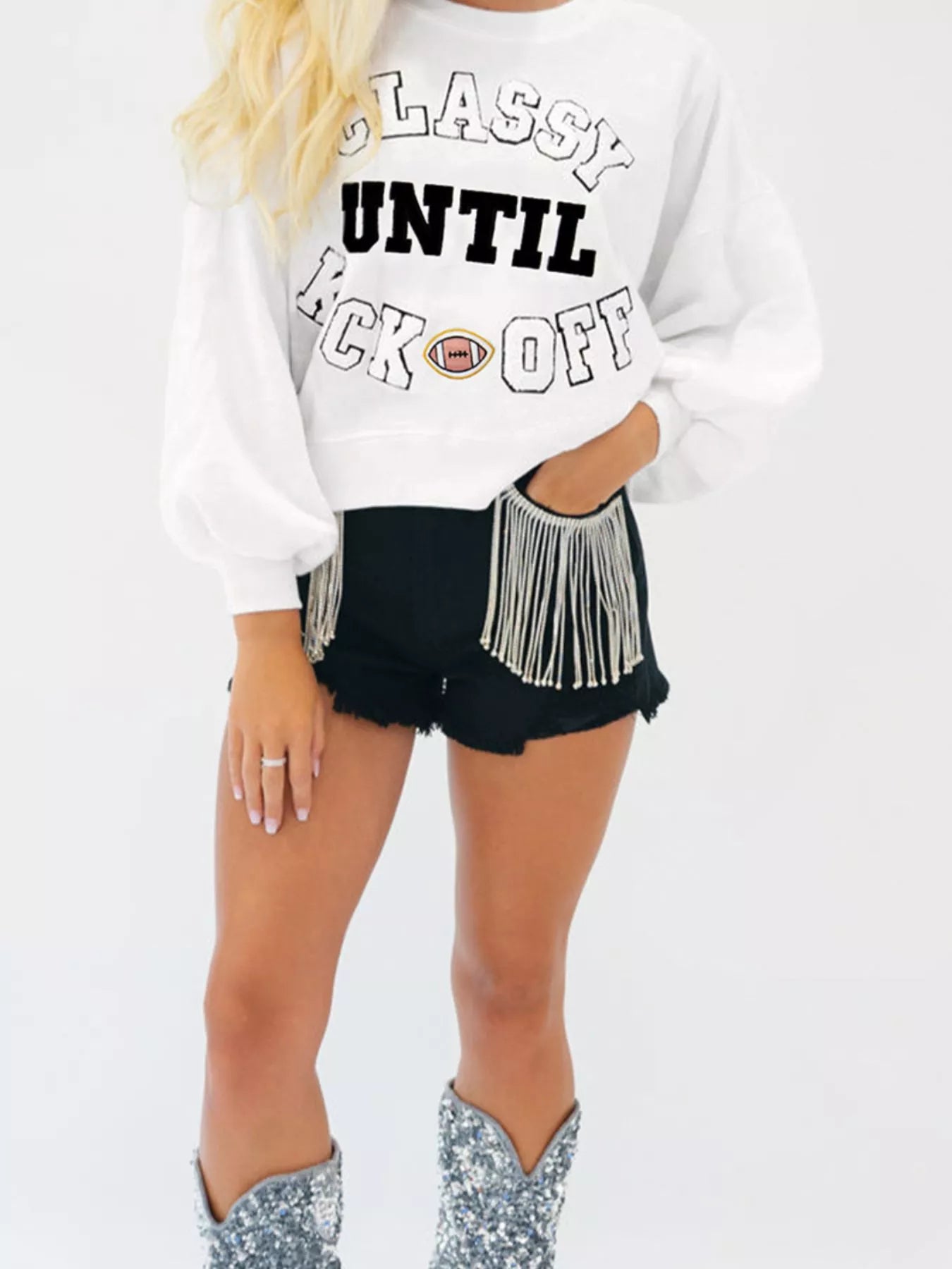 CLASSY UNTIL KICKOFF Plush Letter Patched Loose Sweatshirt