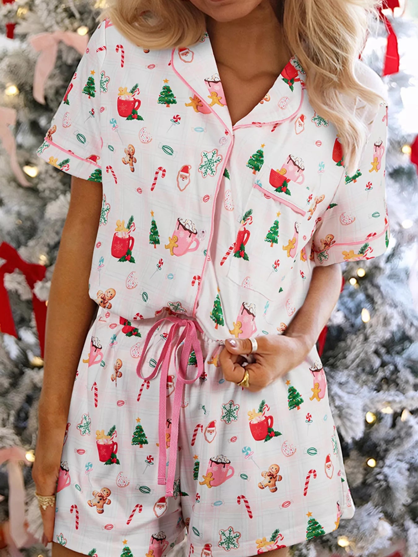 Christmas Lounge Set – Button Up Top & Drawstring Shorts