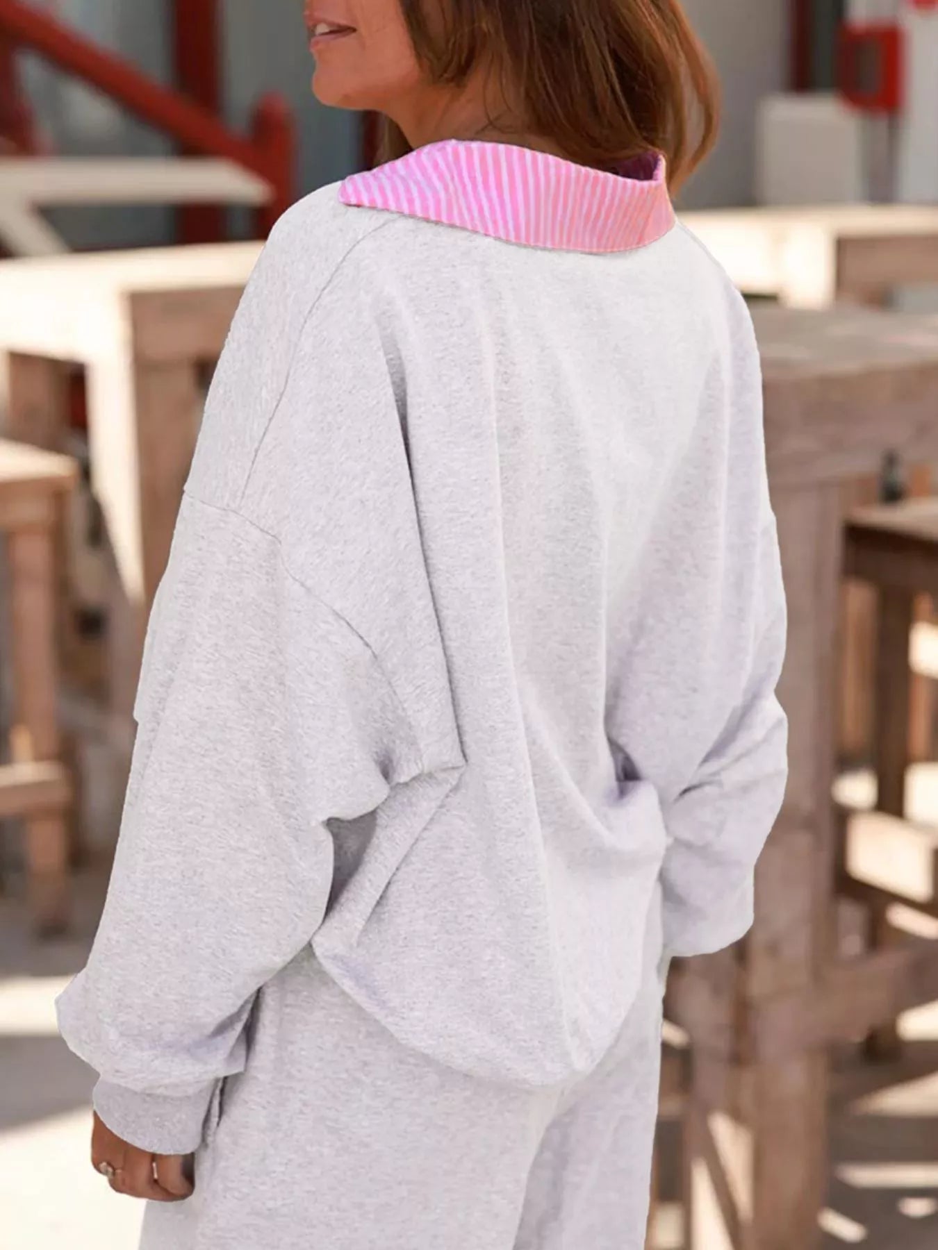 contrasted trim pant set with frilled collar top