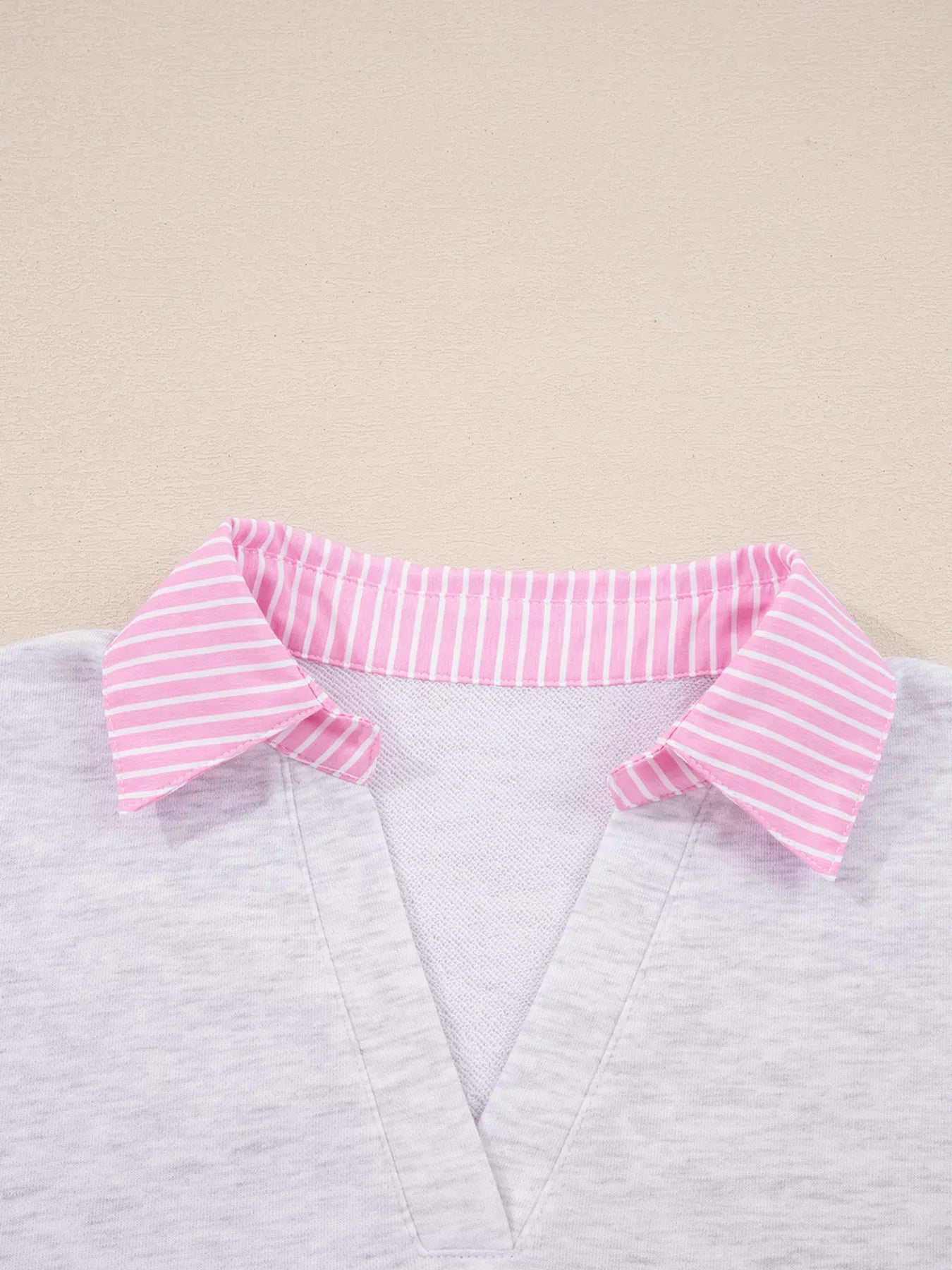 Frilled collar detail of Contrasted Trim Pant Set top with pink and white stripes