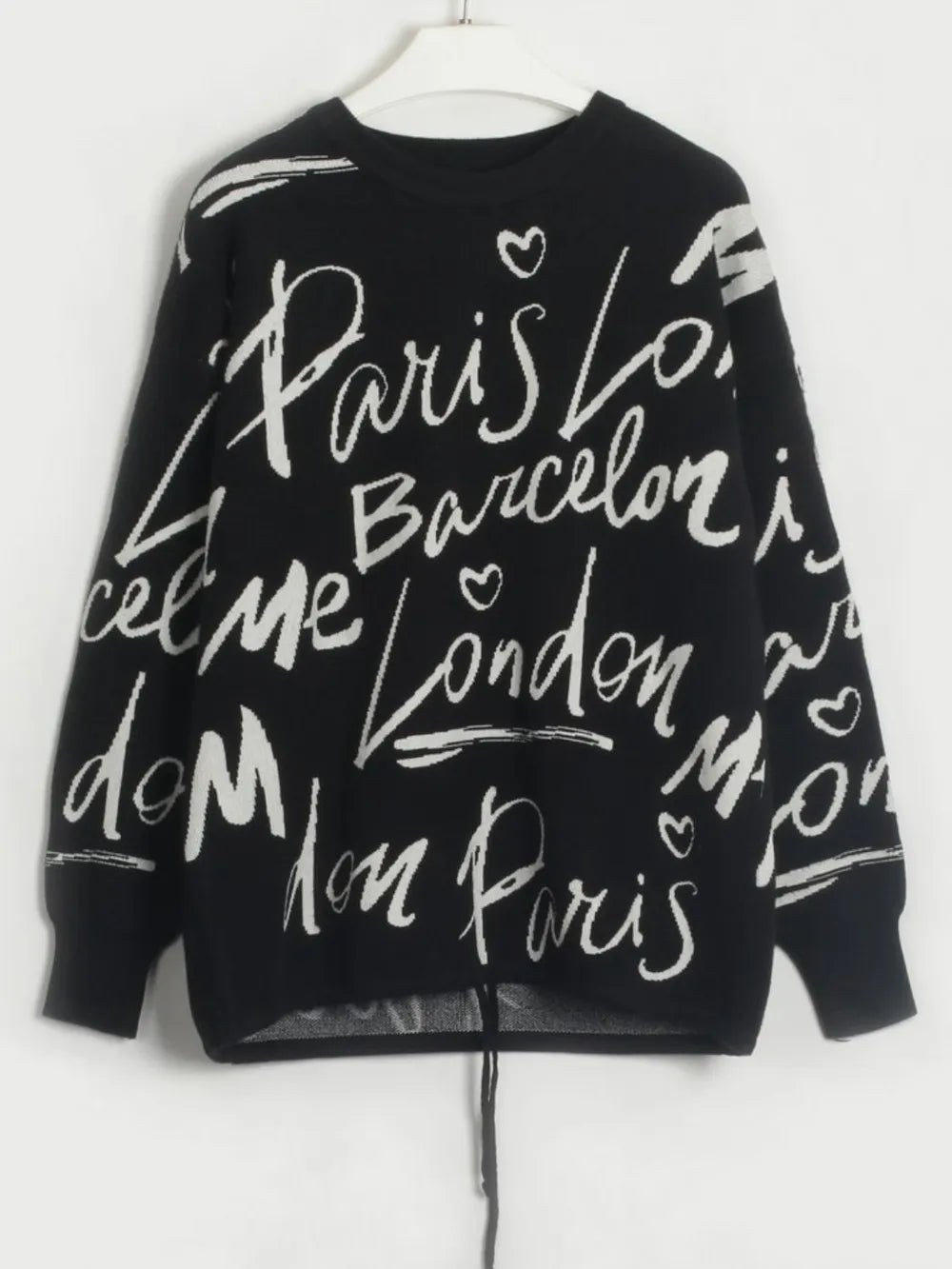 Letter Pattern Sweater with drawstring hem and dropped shoulder design, featuring a playful letter motif for modern style.