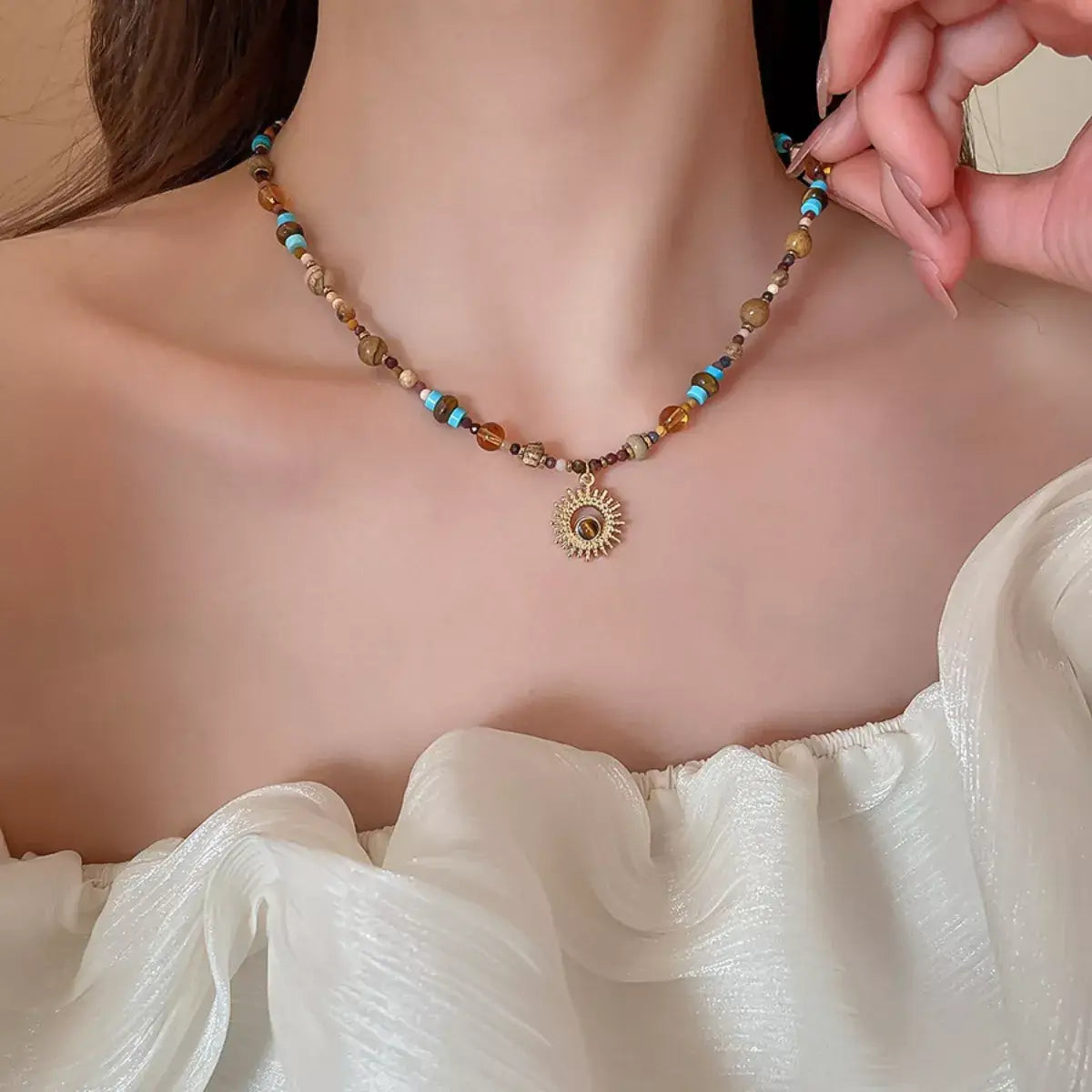 Multi-Color Beaded Sunflower Pendant Necklace