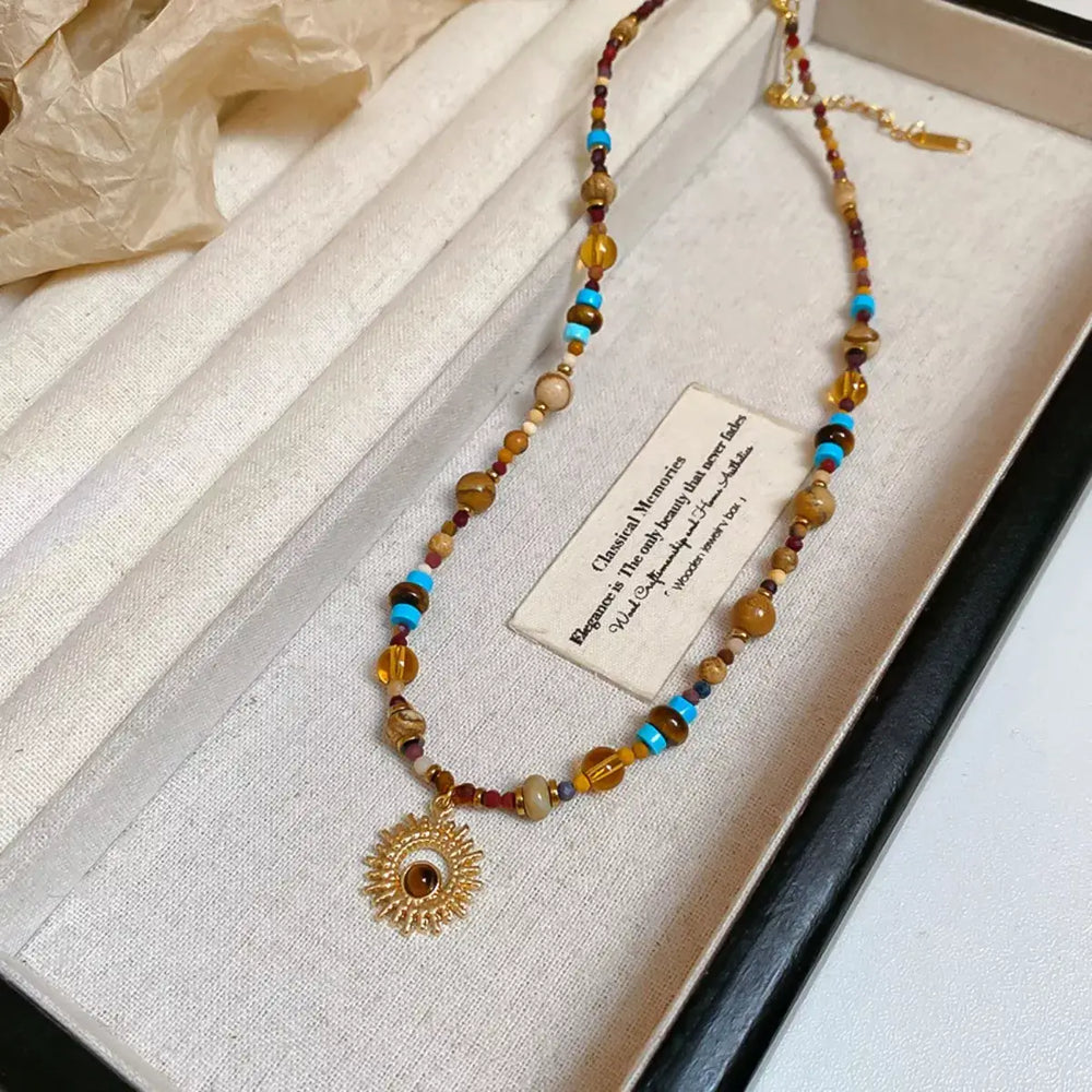 Multi-Color Beaded Sunflower Pendant Necklace