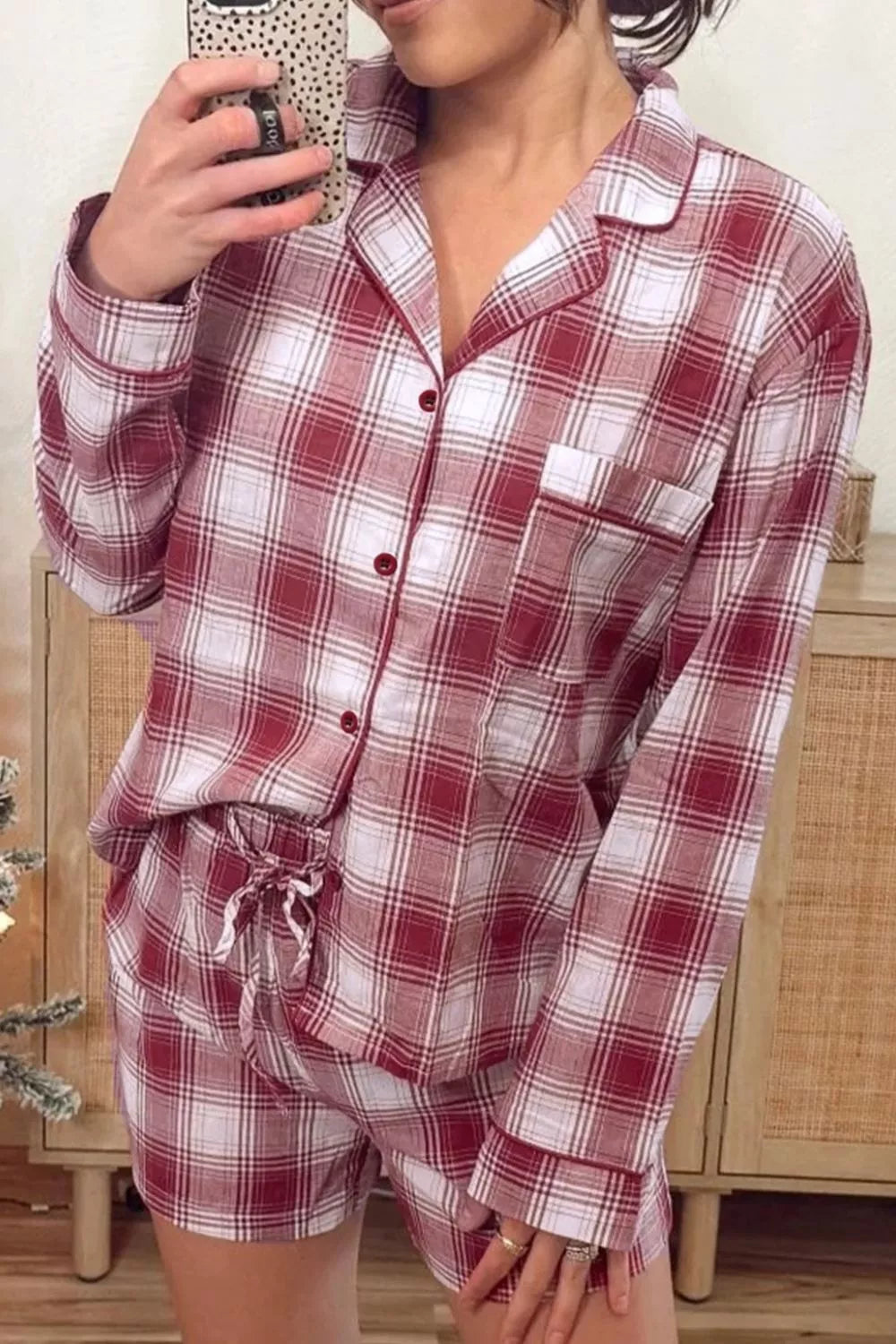 Plaid Long Sleeve Shirt and Drawstring Shorts Lounge Set in red and white checkered pattern, featuring pockets and button closure.