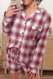 Plaid Long Sleeve Shirt and Drawstring Shorts Lounge Set in red and white checkered pattern, featuring pockets and button closure.
