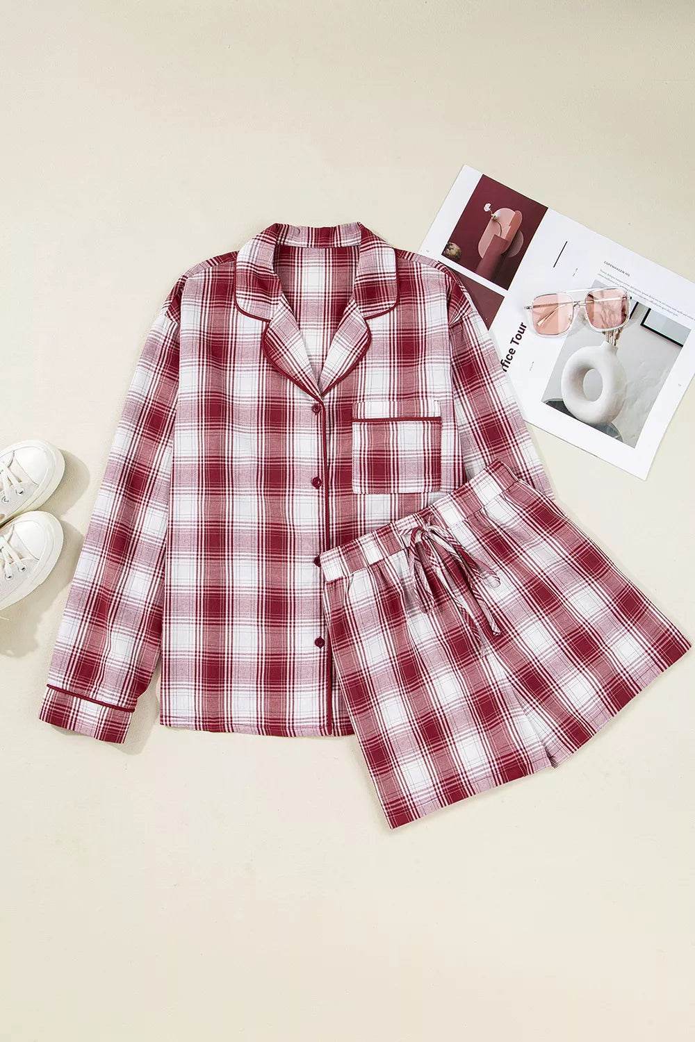 Plaid Long Sleeve Lounge Set - Comfy 2-Piece Cotton Set