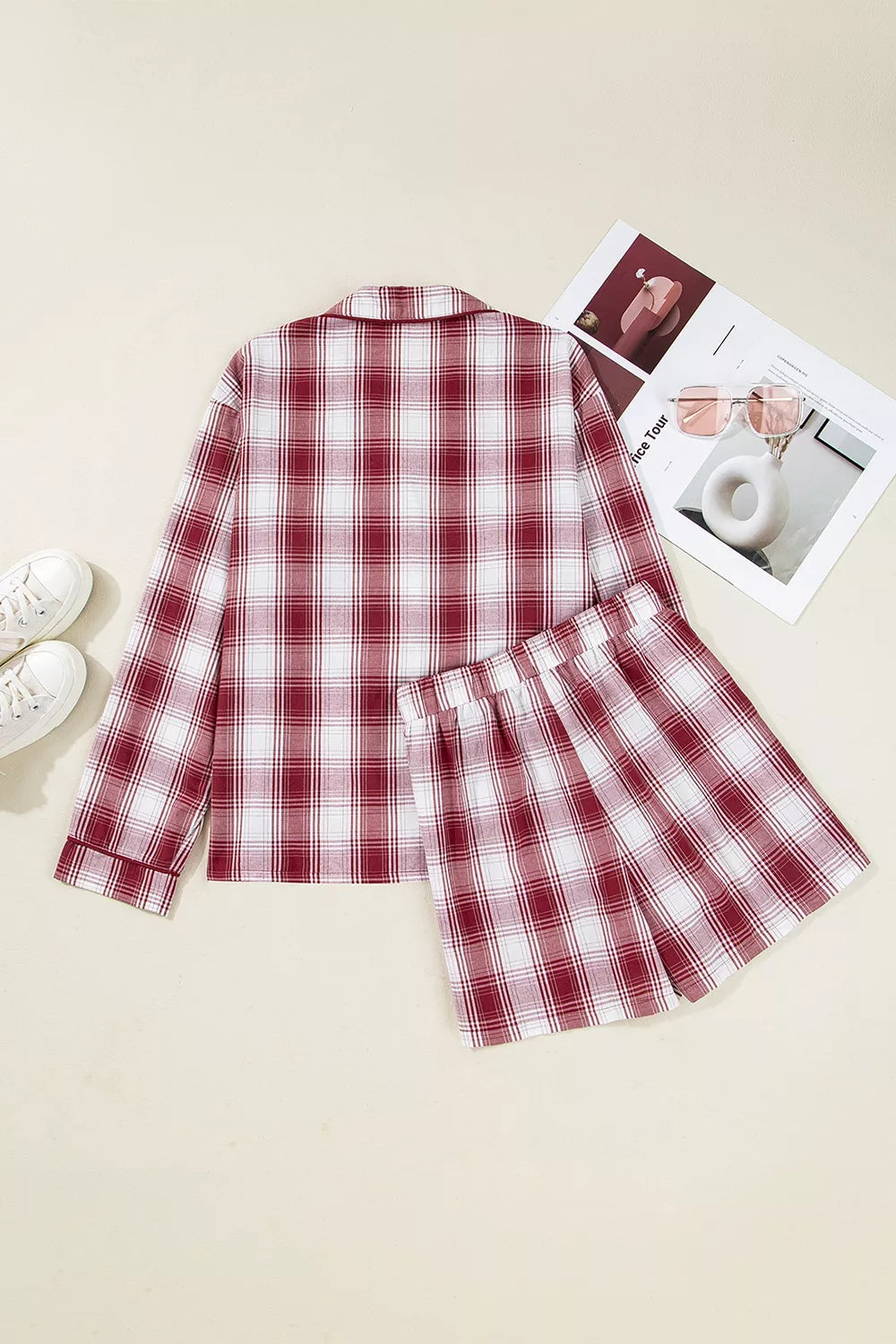 Plaid Long Sleeve Lounge Set - Comfy 2-Piece Cotton Set