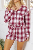 Plaid Long Sleeve Shirt and Drawstring Shorts Lounge Set in red plaid pattern, featuring button-front and pocket detail, 100% cotton.