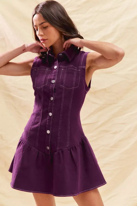 SO ME Button Down Sleeveless Collared Game Day Mini Dress
