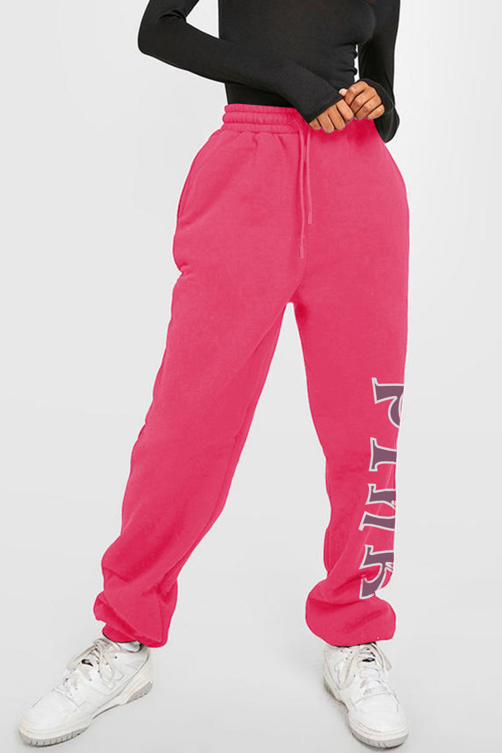 Graphic Sweatpants with PINK print, cotton-poly blend, drawstring waistband, full-size, perfect for casual wear, lounging, and workouts.