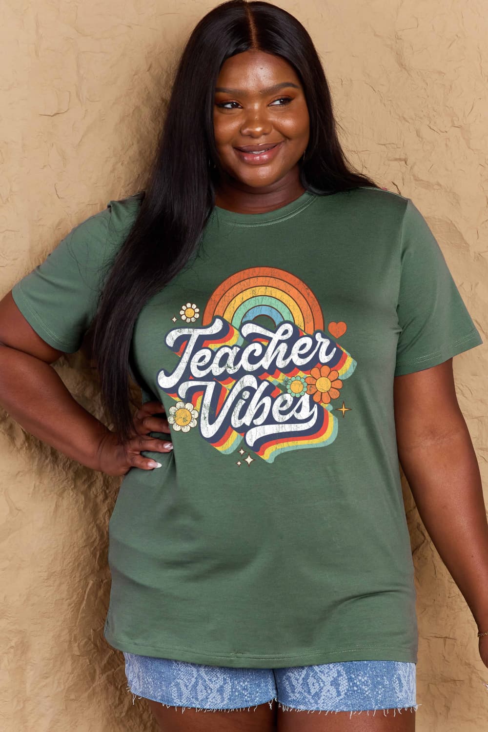 Graphic Cotton T-Shirt with bold 'TEACHER VIBES' slogan for teachers, perfect blend of comfort and style