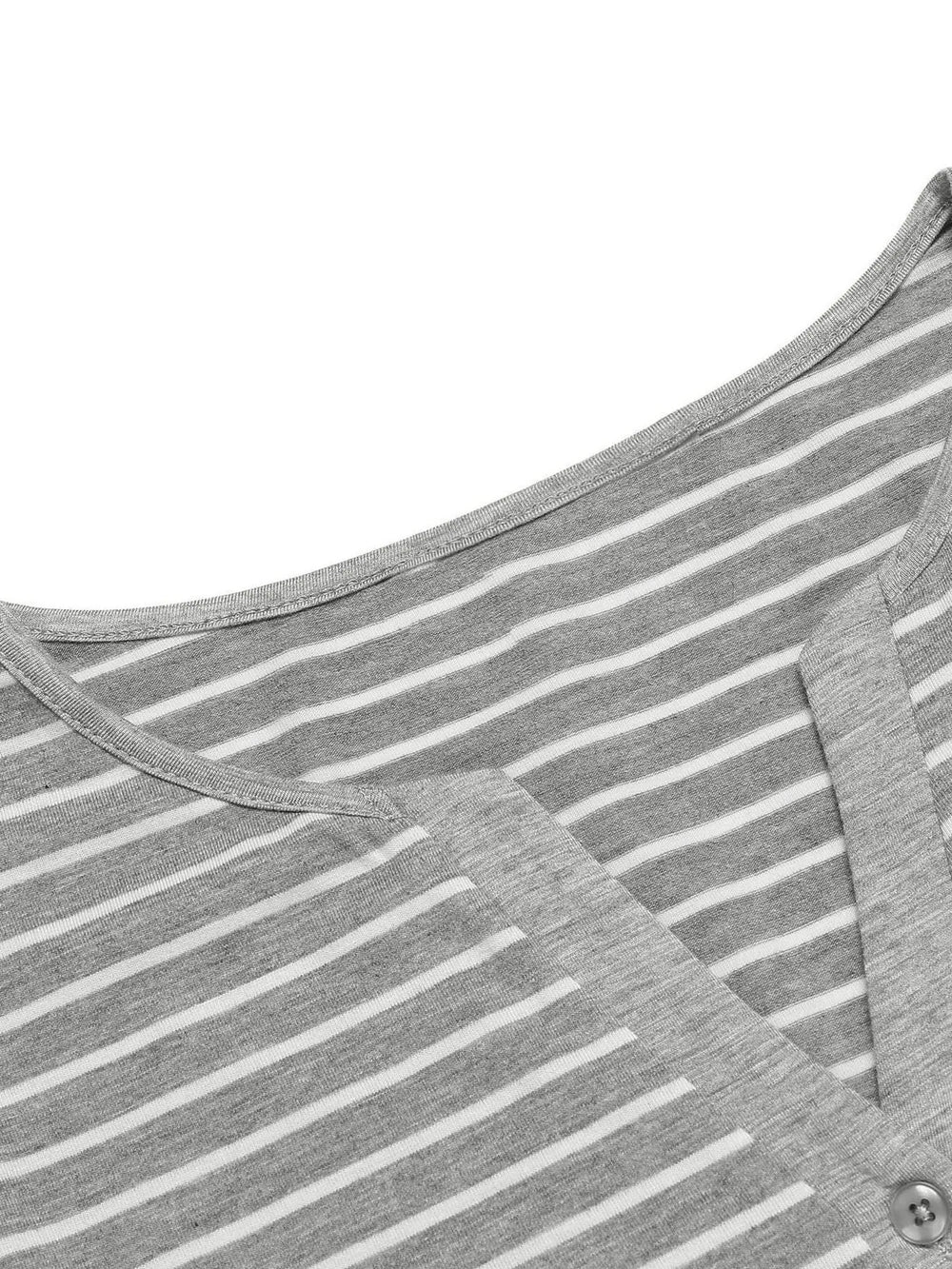 Close-up of the neckline of the Striped Lounge Dress with long sleeves and buttoned front, showcasing its classic striped pattern.