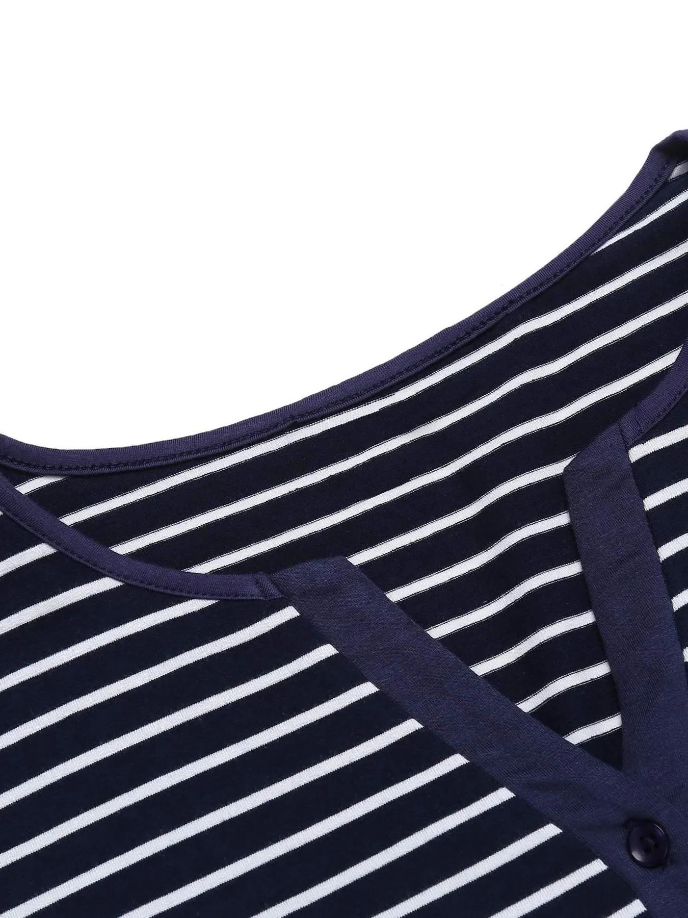 Close-up of Striped Lounge Dress with buttoned neckline and navy stripes, perfect for casual comfort and style.
