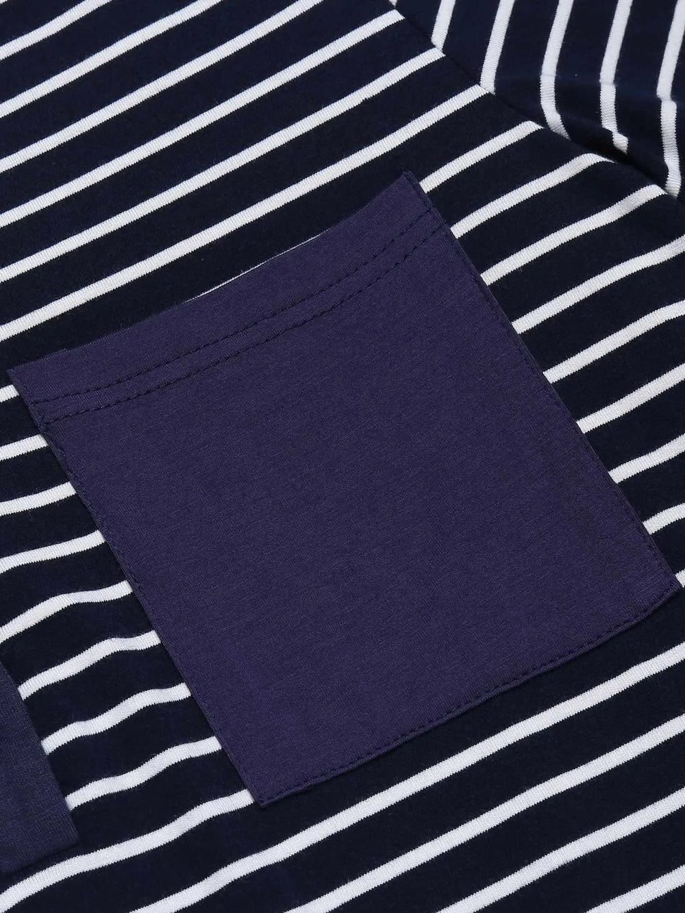 Close-up of pocket on Striped Lounge Dress, featuring classic striped pattern and dark pocket detail.