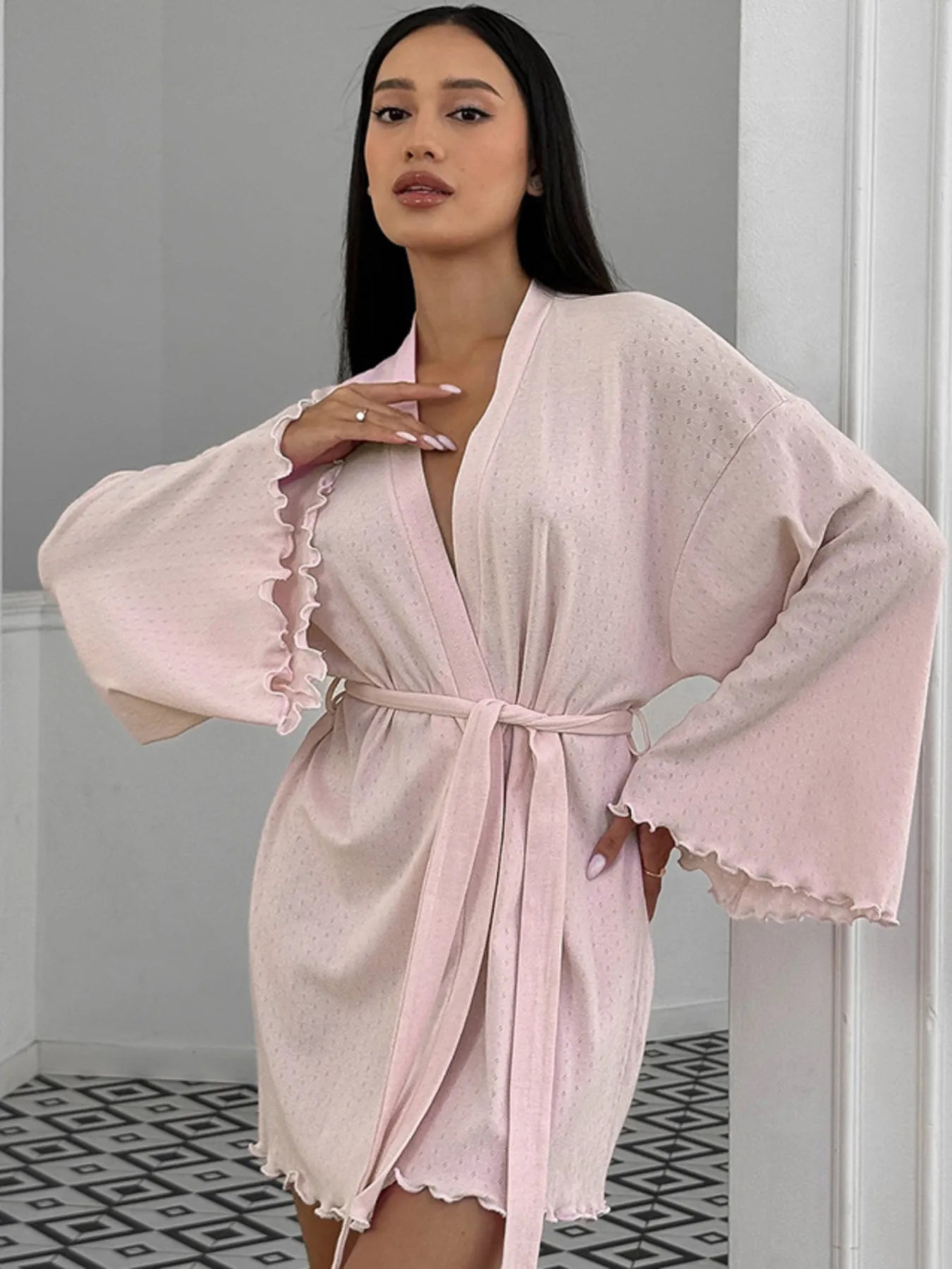 Woman wearing Tie Waist Lounge Nightgown with kimono sleeves, showcasing its elegant and comfortable design.