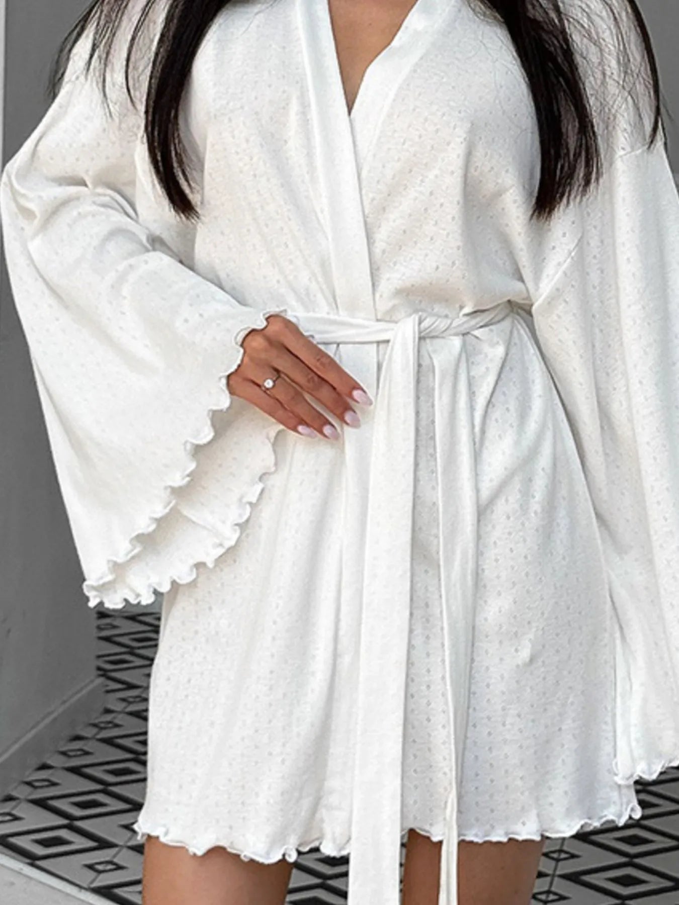 Woman wearing Tie Waist Lounge Nightgown with kimono sleeves, showcasing elegant design and comfortable fit.